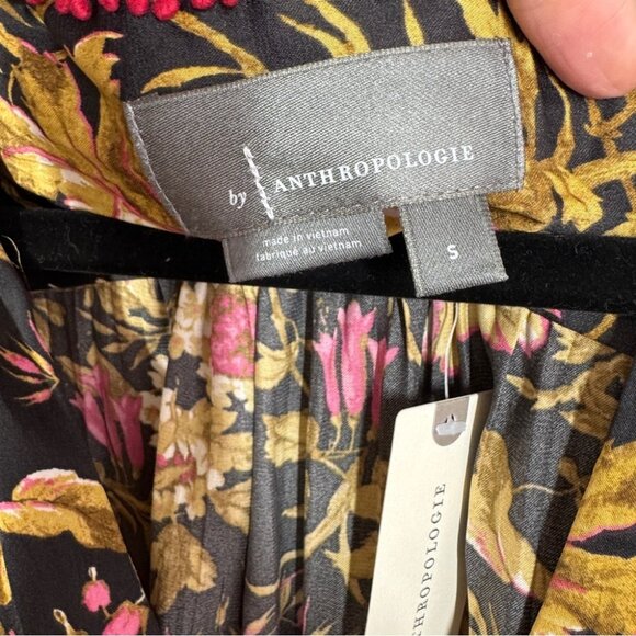 Anthropologie Button Front Peplum Hem Black Floral Ruffle Cuff Blouse Size Small - Picture 5 of 13